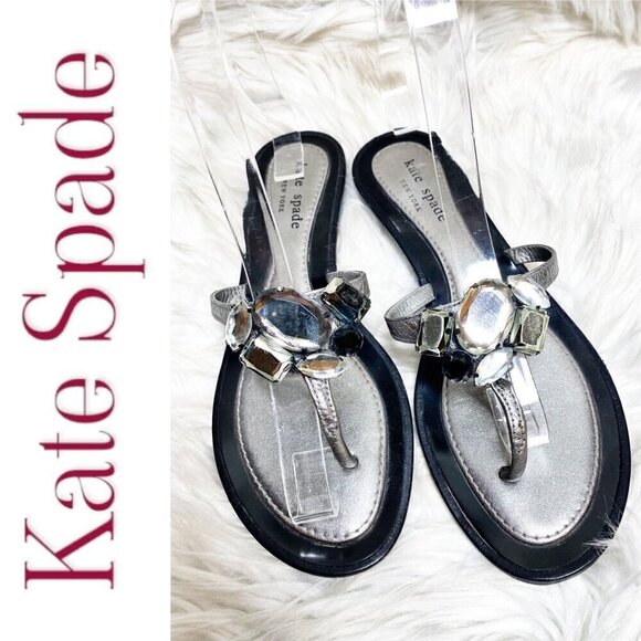 KATE SPADE Silver Crystal Jewel Embellished Thong Sandals, Size 6.5 - Picture 1 of 7